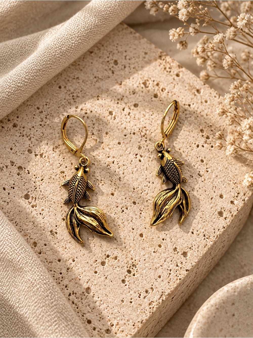 Vintage Style Gold Koi Fish Dangle Earrings